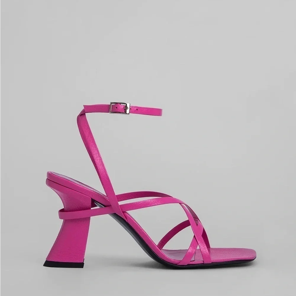 BY FAR / Neon pink Kersti Square-Toe Neon Leather Sandals Barbie strappy 40 10